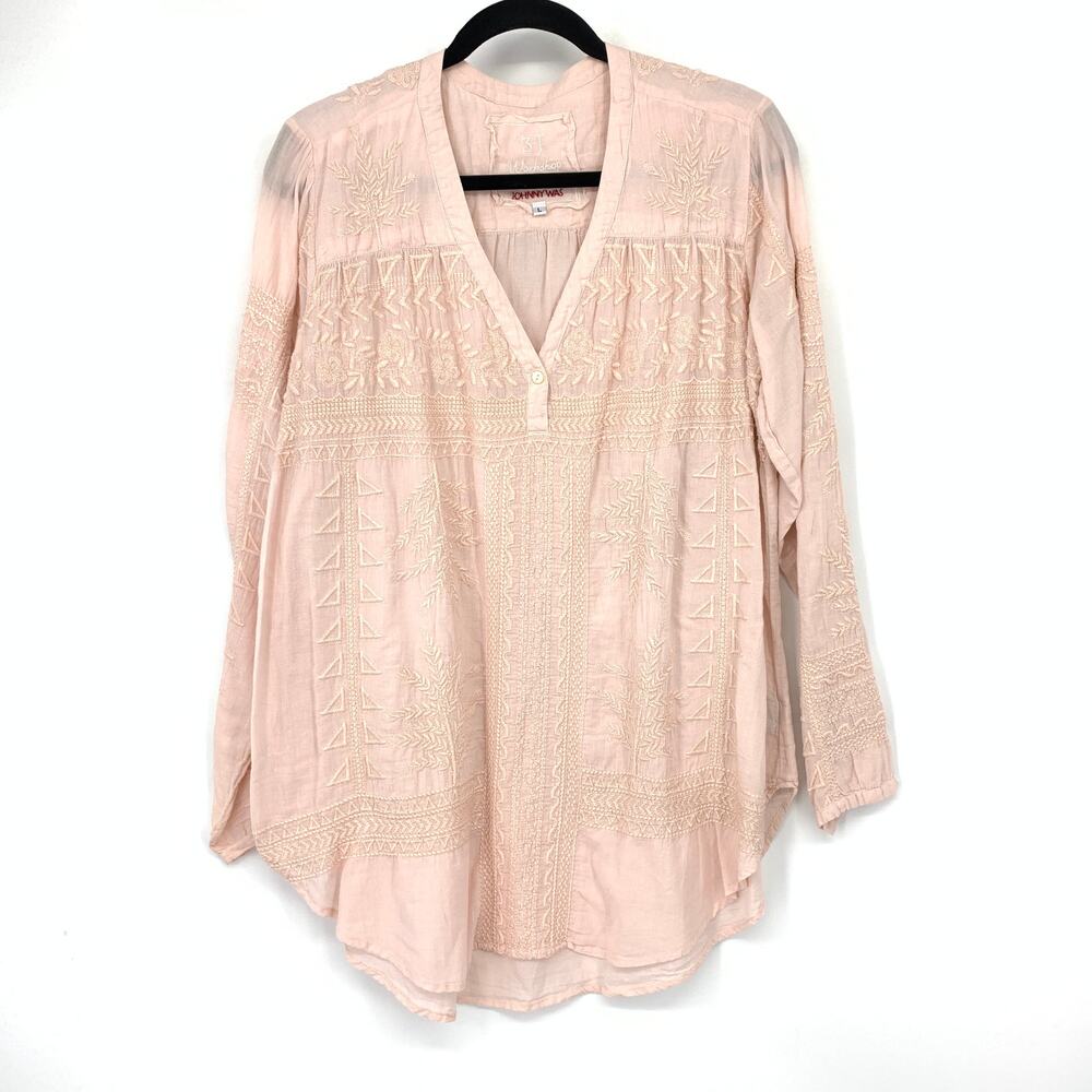 Johnny Was 3J Workshop Embroidered Long Sleeve V-Neck Top Sz L Blush Pink Boho